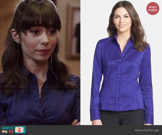 Hugo Boss Bashina Poplin Shirt in Plum worn by Cristin Milioti on A to Z