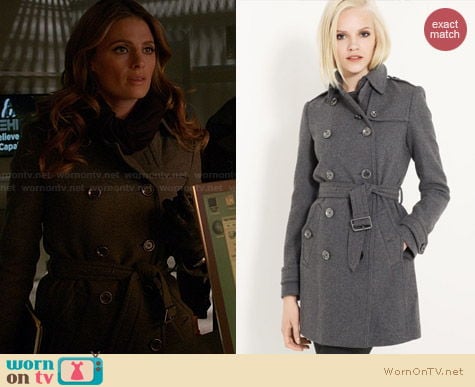 Burberry Brit Double Breasted Wool Trench in Gray worn by Stana Katic on Castle