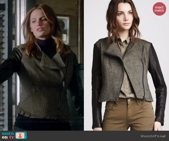 Burberry Brit Leather-Sleeve Textured Jacket worn by Stana Katic on Castle