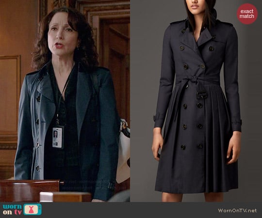 Burberry Long Full Skirted Wool Silk Trench Coat in Navy worn by Bebe Neuwirth on Madam Secretary