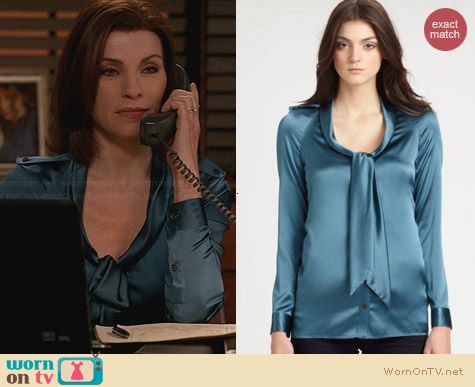 Burberry Petrol Satin Tie Blouse worn by Julianna Margulies on The Good Wife