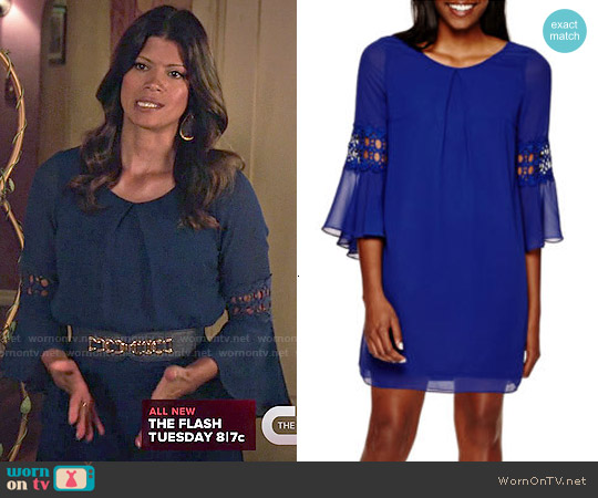 By & By Bell-Sleeve Crochet-Inset Chiffon Shift Dress worn by Xiomara Villanueva (Andrea Navedo) on Jane the Virgin