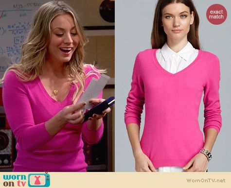 C by Bloomingdales Pink Cashmere V Neck Sweater worn by Kaley Cuoco on The Big Bang Theory