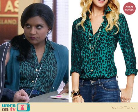 C Wonder Green Silk Leopard Print Shirt worn by Mindy Kaling on The Mindy Project