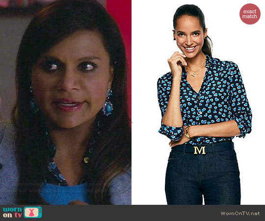 C Wonder Hearts Aflutter Silk Shirt in Navy Multi worn by Mindy Kaling on The Mindy Project