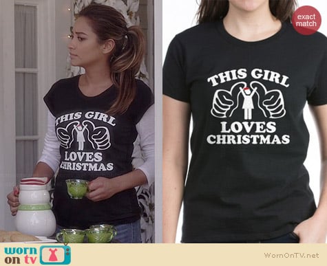 CafePress This Girl Loves Christmas T-shirt worn by Shay Mitchell on PLL