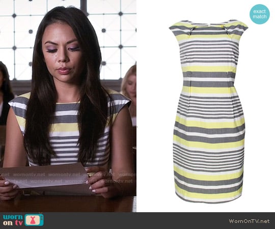 Calvin Klein Belted Stripe Sheath Dress worn by Mona Vanderwaal (Janel Parrish) on Pretty Little Liars