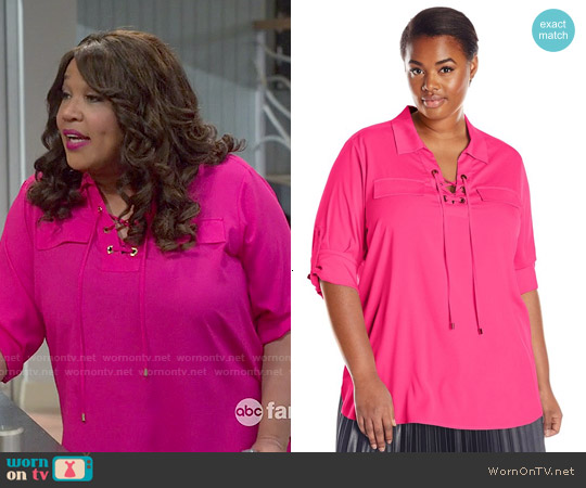 Calvin Klein Plus Size Lace Up Top in Hibiscus worn by Yolanda (Kym Whitley) on Young and Hungry