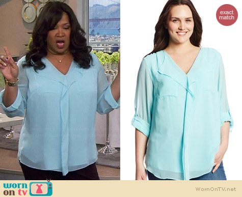 Calvin Klein Ruffled Front Top in Aqua worn by Kym Whitley on Young & Hungry