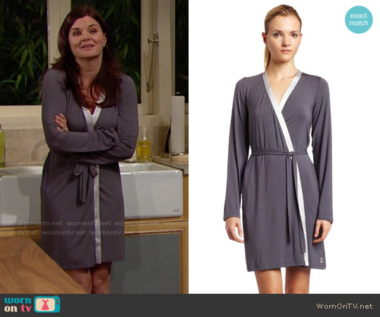 Calvin Klein Satin Short Robe in Charcoal worn by Katie Logan (Heather Tom) on The Bold and the Beautiful