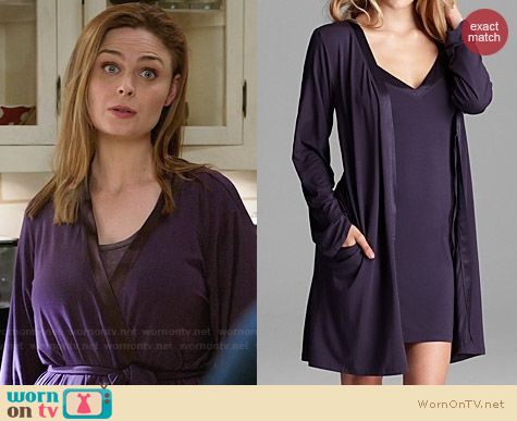 Calvin Klein Satin Trim Robe in Purple worn by Emily Deschanel on Bones