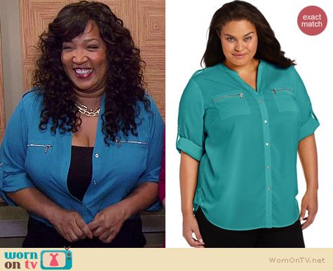 Calvin Klein Zip Pocket Shirt in Lagoon worn by Kym Whitley on Young & Hungry