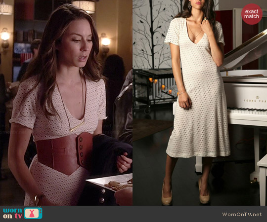 Cameo Eyelet Midi Dress worn by Troian Bellisario on PLL