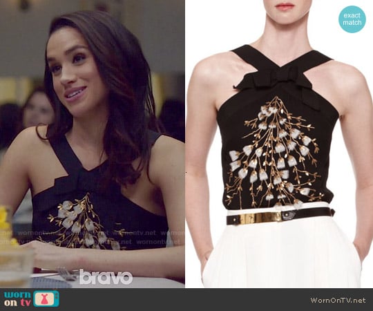 Carolina Herrera Beaded Criss Cross Halter Top worn by Rachel Zane (Meghan Markle) on Suits