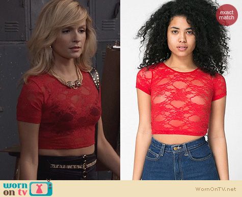 The Carrie Diaries Fashion: American Apparel Stretch Floral Lace Crop Top in Red worn by Samantha Jones