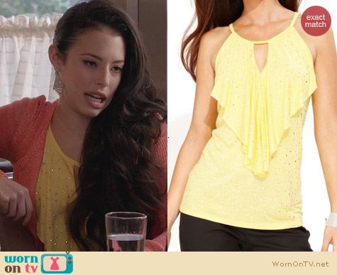 INC International Concepts Yellow Halter Ruffle Keyhole Top worn by Chloe Bridges on The Carrie Diaries