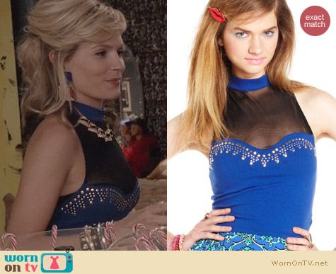 The Carrie Diaries Fashion: Material Girl Studded Mock Neck Illusion Top worn by Lindsey Gort