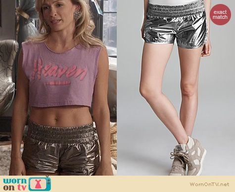 The Carrie Diaries Fashion: Theory Metallic Track Shorts worn by Samantha Jones