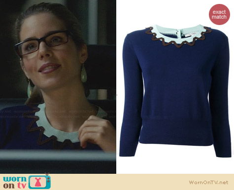 Carven Contrast Crew Neck Sweater worn by Emily Bett Rickards on Arrow