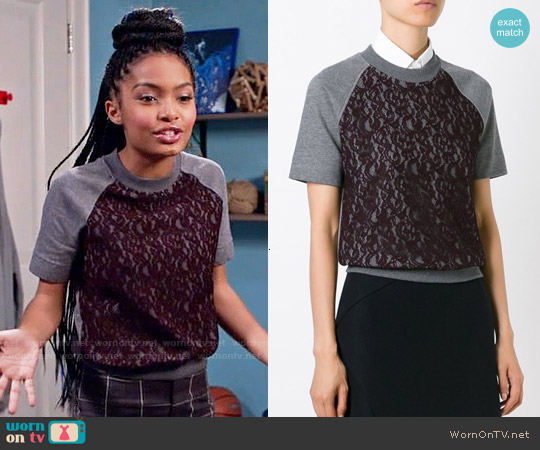 Carven Lace Panel Shortsleeved Sweatshirt worn by Zoey Johnson (Yara Shahidi) on Black-ish