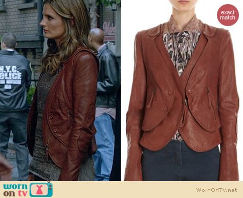 Castle Fashion: O'2nd leather jacket with detachable vest worn by Stana Katic