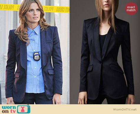 Castle Fashion: Burberry Fitted Tuxedo Jacket in Blue worn by Stana Katic