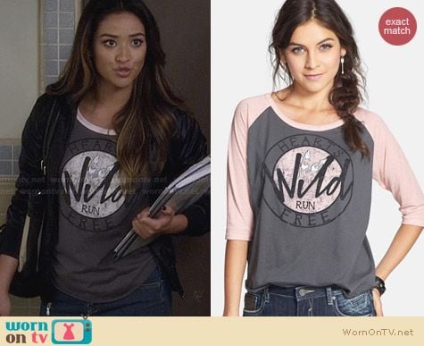 Cea + Jae Hearts Run Free Baseball Tee worn by Shay Mitchell on PLL