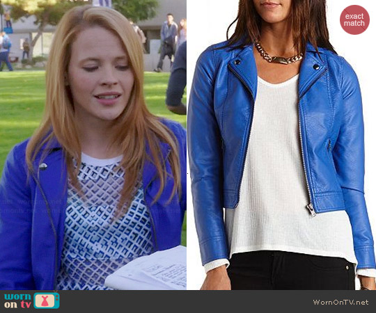 Charlotte Russe Blue Leather Moto Jacket worn by Katie Leclerc on Switched at Birth