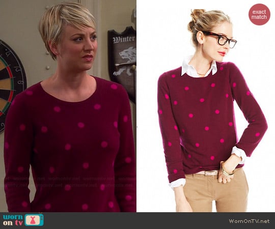 Charter Club Polka Dot Cashmere Sweater in Black Cherry worn by Kaley Cuoco on The Big Bang Theory