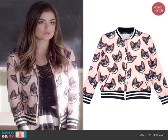 Choies Cute Cat Print Bomber Jacket worn by Aria Montgomery (Lucy Hale) on Pretty Little Liars