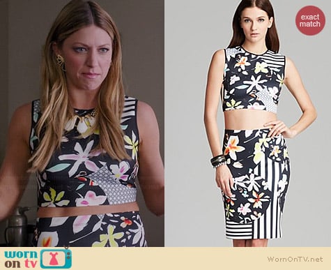 Clover Canyon Floral Disc Crop Top and Skirt worn by Jes Macallan on Mistresses