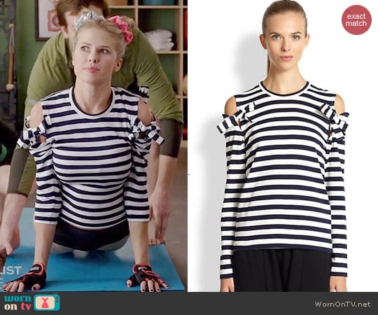 Commes des Garcon Striped Open Shoulder Top worn by Sarah Wright Olsen on Marry Me