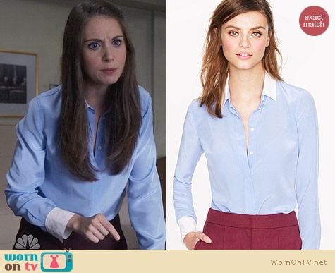 Fashion of Community: J. Crew Silk Boy Blouse with contrast trim worn by Alison Brie