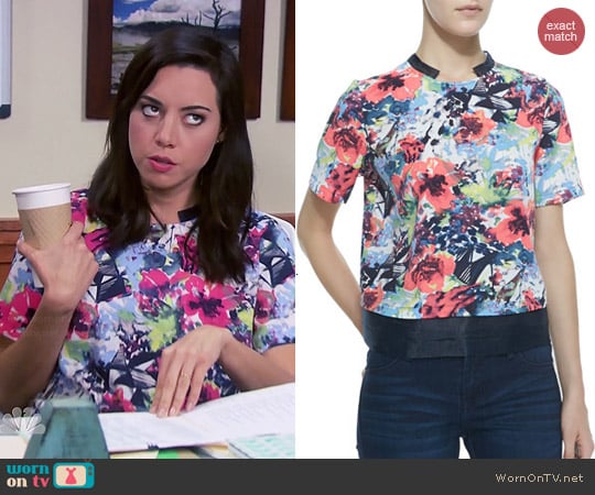 Cooper & Ella Elizabeth Floral Top worn by Aubrey Plaza on Parks & Rec