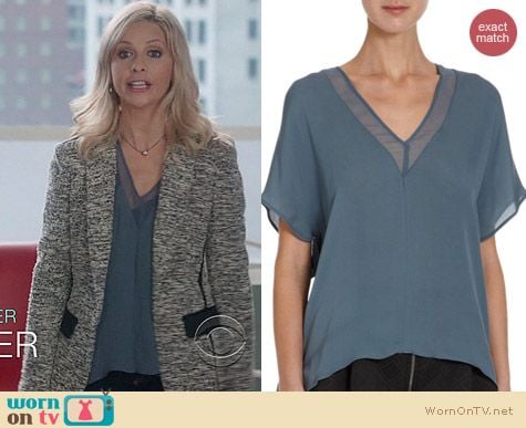 The Crazy Ones Style: Mason by Michelle Mason Sheer Panel Blouse in Slate blue worn by Sarah Michelle Gellar