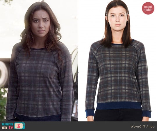 Current Elliott The Letterman Destroyed Plaid Sweatshirt worn by Emily Fields (Shay Mitchell) on Pretty Little Liars