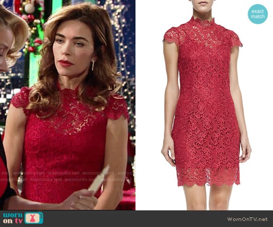 Cusp by Neiman Marcus Short-Sleeve Scalloped Lace Dress worn by Victoria Newman (Amelia Heinle) on The Young and the Restless