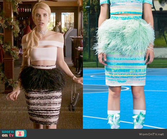 Daizy Shely SS15 Feather Skirt worn by Chanel Oberlin (Emma Roberts) on Scream Queens