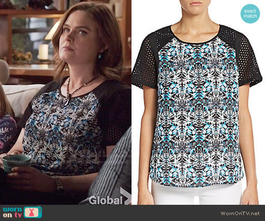 Daniel Rainn Printed Mesh-Paneled Top worn by Temperance 'Bones' Brennan (Emily Deschanel) on Bones