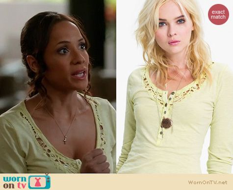 Devious Maids Fashion: Free People Yellow Crochet legacy henley worn by Dania Ramirez