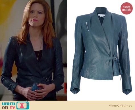 Devious Maids Fashion: Helmut Lang blue leather biker jacket worn by Mariana Klaveno