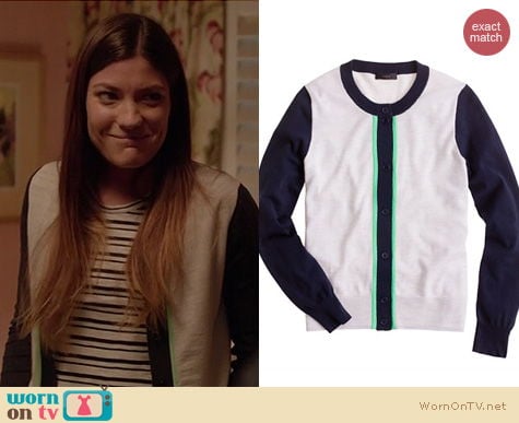 Dexter Fashion: J. Crew Merino Colorblock cardigan in Grey Mint worn by Jennifer Carpenter