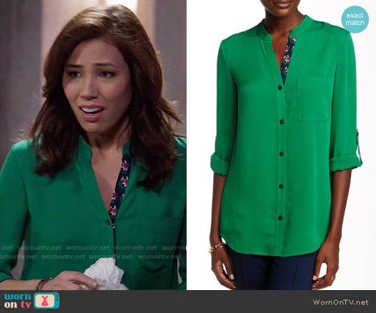 Diane von Furstenberg Gilmore Blouse in Emerald worn by Angela Montenegro (Michaela Conlin) on Bones