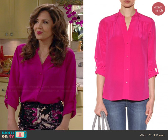 Diane von Furstenberg Harlow Blouse in Lotus Berry worn by Maria Canals-Barrera on Cristela