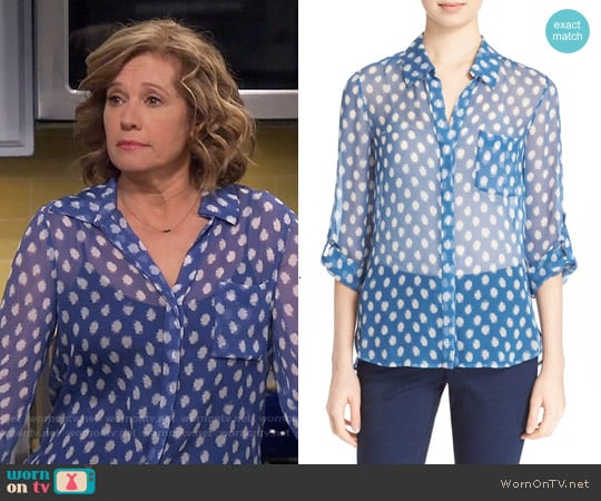 Diane von Furstenberg Lorelei Two Blouse in Dotted Batick Blue worn by Vanessa Baxter (Nancy Travis) on Last Man Standing