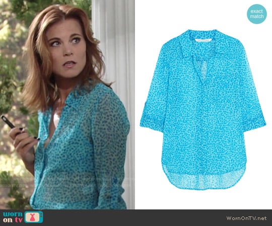 Diane von Furstenberg Lorelei Blue Leopard Print Blouse worn by Phyllis Newman (Gina Tognoni) on The Young and the Restless