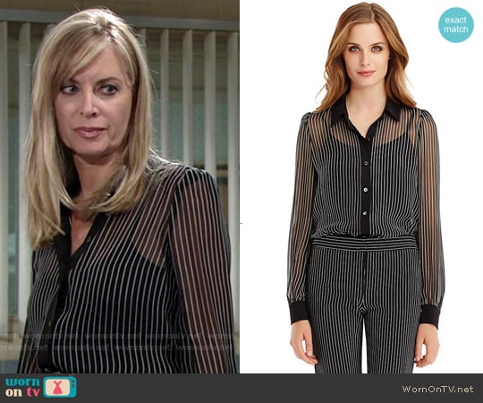 Diane von Furstenberg 'Mariah' Chiffon Blouse in Rope Stripe Grey/ Black worn by Ashley Abbott (Eileen Davidson) on The Young and the Restless