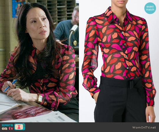 Diane von Furstenberg Mariah Lips Print Blouse worn by Joan Watson (Lucy Liu) on Elementary