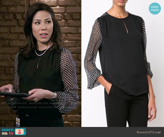 Diane von Furstenberg Nikki Polka Dot Blouse worn by Angela Montenegro (Michaela Conlin) on Bones