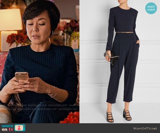 DKNY Pinstriped Stretch Wool Crop Top and Tapered Pants worn by Karen Rhodes (Yunjin Kim) on Mistresses